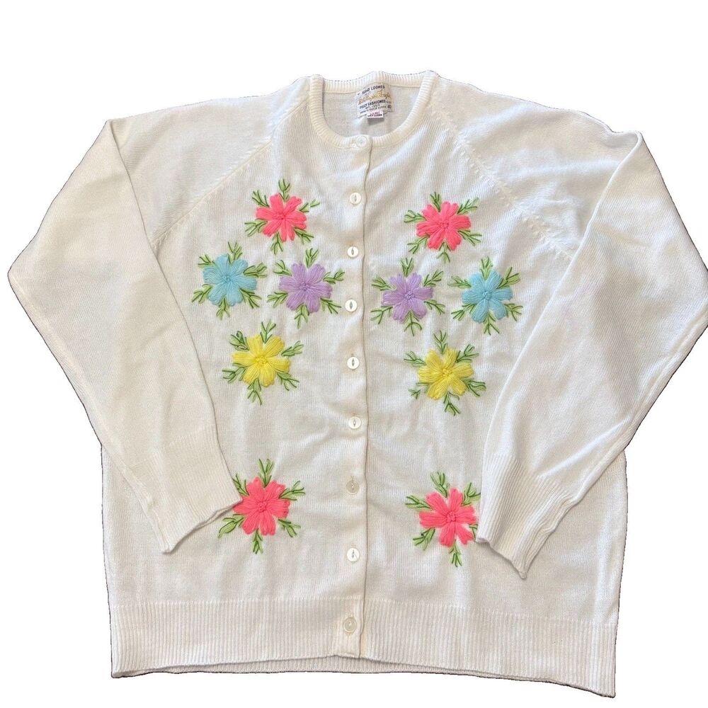 Vintage Floral Hand-Embroidered Cream Acrylic Knit Cardigan M